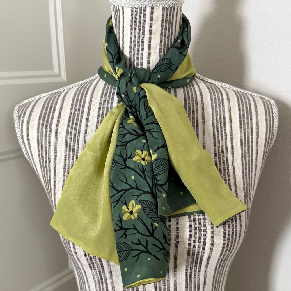 Vintage Carol Stanley Silk Scarf | 40x12 | Yellow & Green Floral Print